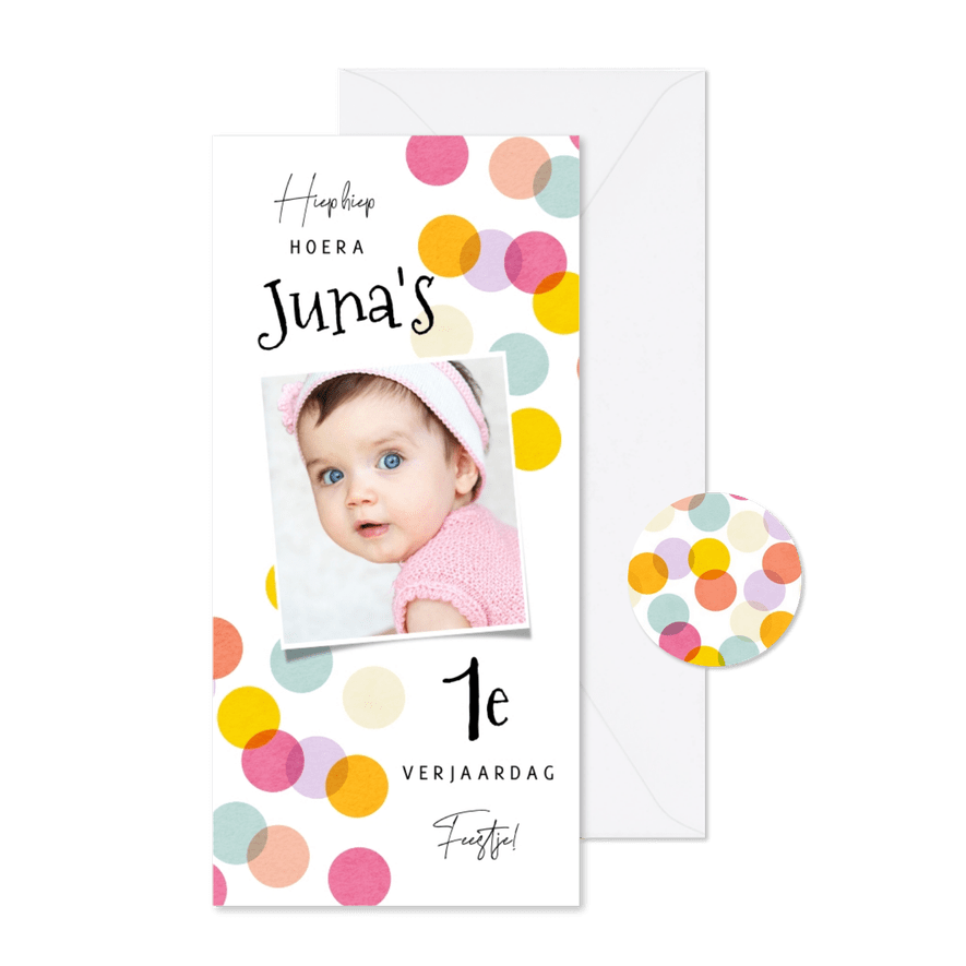 Kinderfeestje confetti kleurrijk foto eerste verjaardag - Kaartimpressie