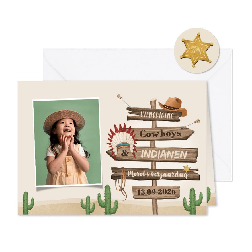 Kinderfeestje cowboys indianen foto wegwijzers hout - Kaartimpressie