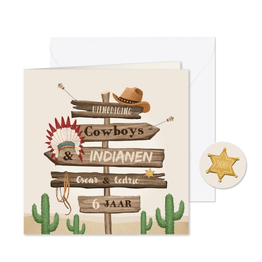 Kinderfeestje cowboys indianen wegwijzers western hout - Kaartimpressie