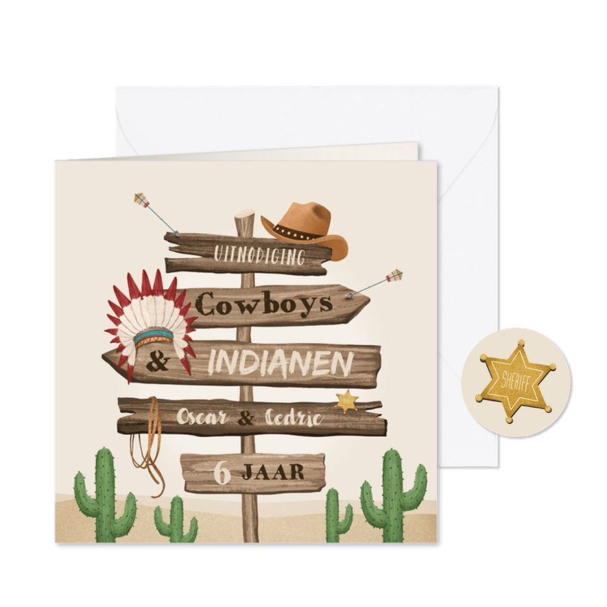 Kinderfeestje cowboys indianen wegwijzers western hout - Kaartimpressie