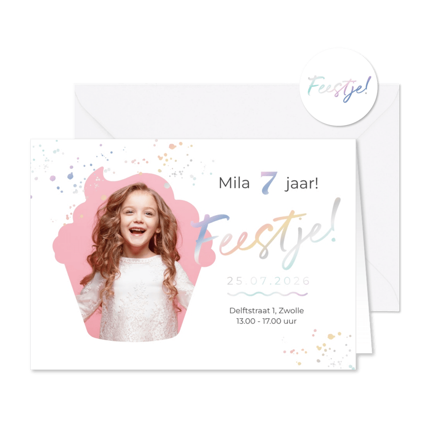 Kinderfeestje cupcake holografisch hip meisje spetters - Kaartimpressie