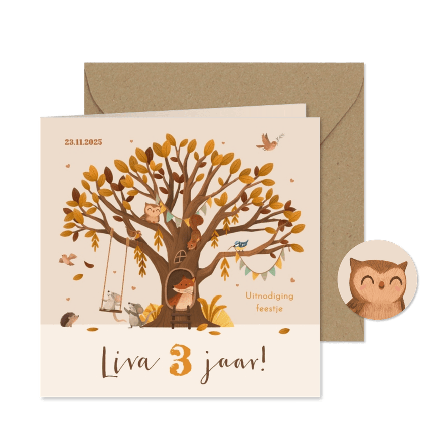 Kinderfeestje dieren herfst boom feestje slingers hartjes - Kaartimpressie