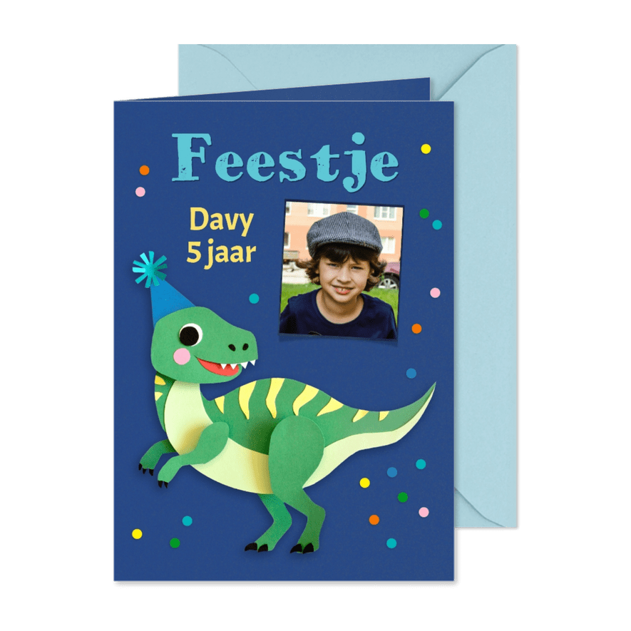 Kinderfeestje Dino en confetti - Kaartimpressie