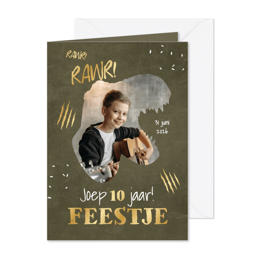 Kinderfeestje dino survival speurtocht jongen goud t-rex - Kaartimpressie