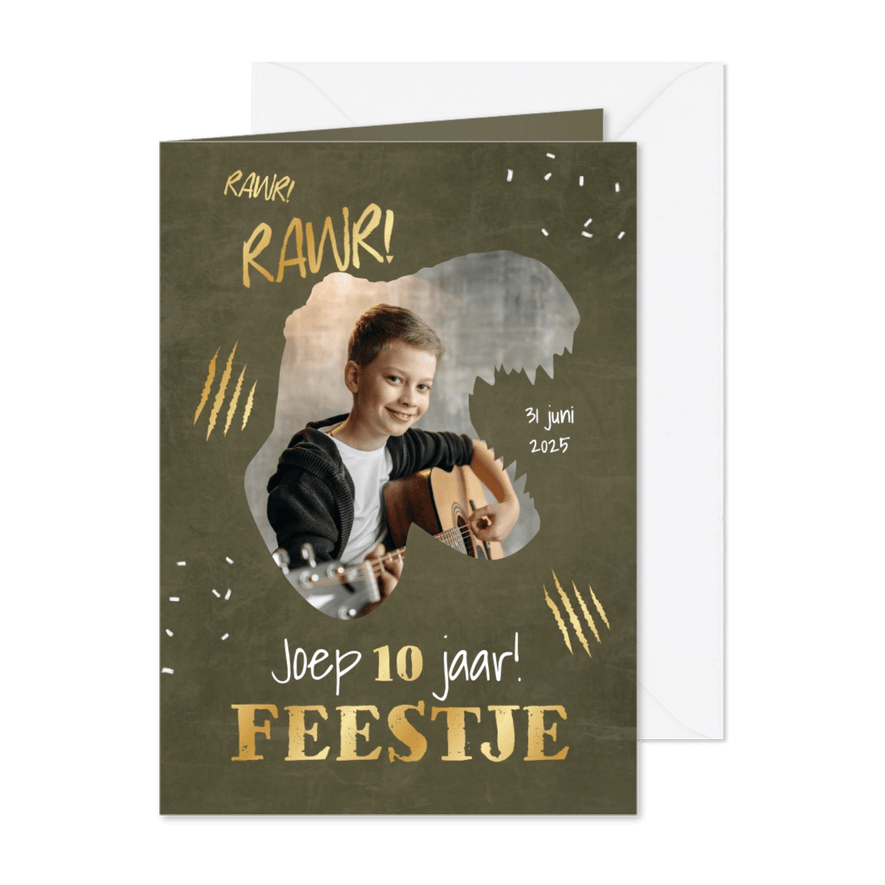 Kinderfeestje dino survival speurtocht jongen goud t-rex - Kaartimpressie