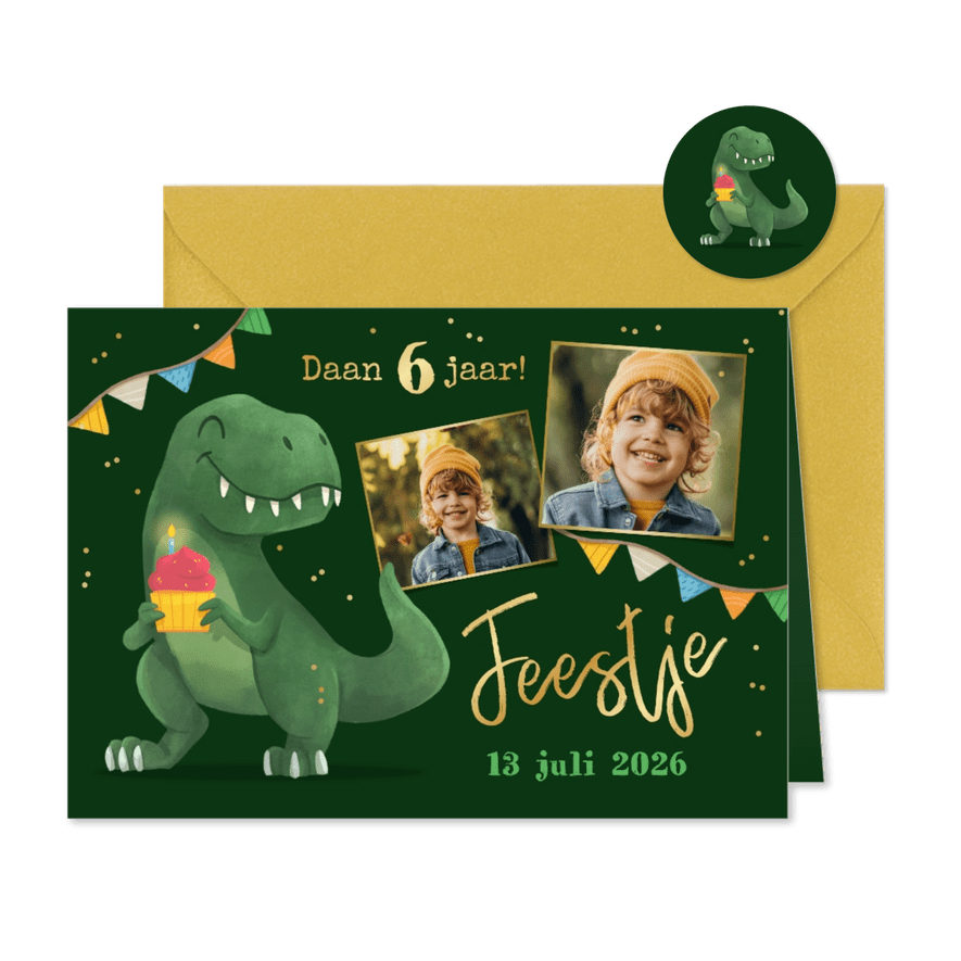 Kinderfeestje dino thema slingers confetti t-rex foto - Kaartimpressie