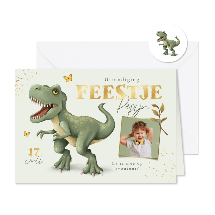 Kinderfeestje dinosaurus t-rex jungle stoer goud vlinders - Kaartimpressie