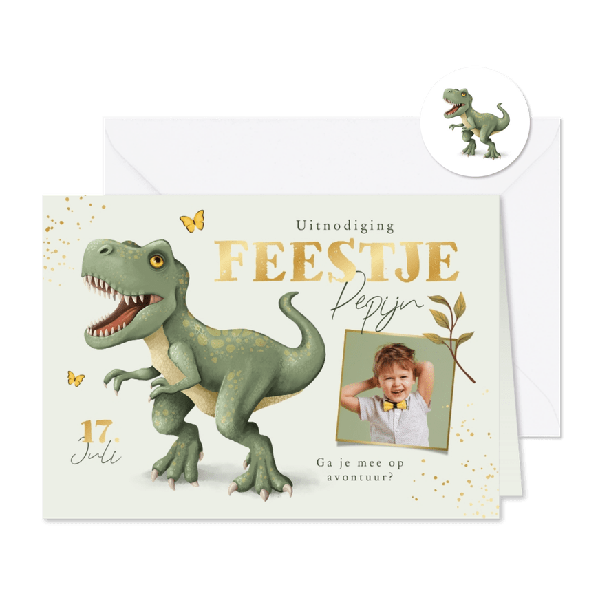Kinderfeestje dinosaurus t-rex jungle stoer goud vlinders - Kaartimpressie