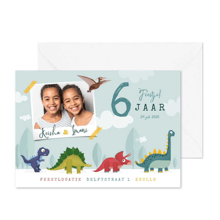 Kinderfeestje dinosaurussen feestje vrolijk foto tweeling - Kaartimpressie