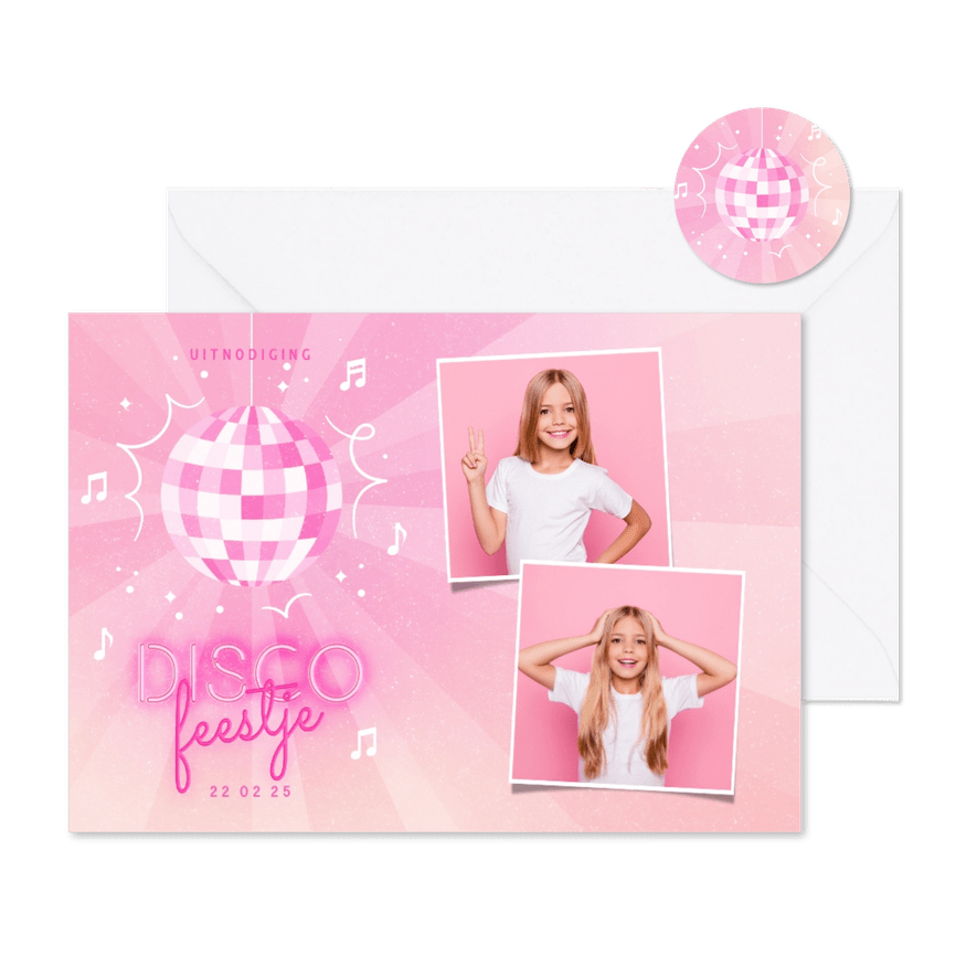 Kinderfeestje disco met foto's discobal en neon tekst - Kaartimpressie