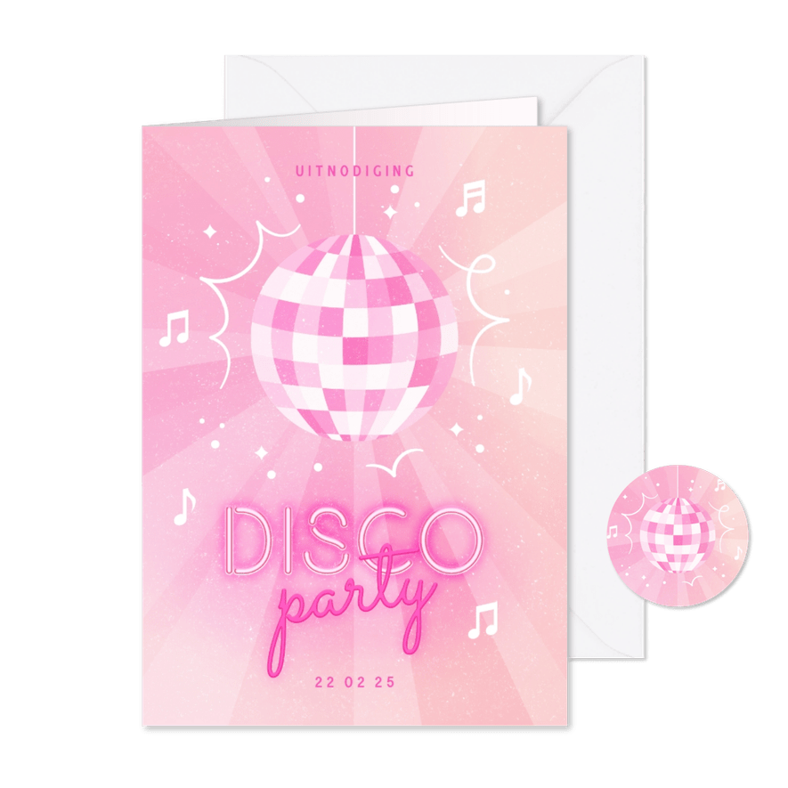Kinderfeestje disco party met discobal en neon tekst - Kaartimpressie