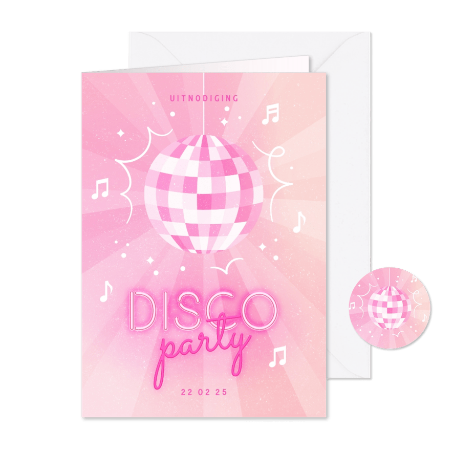 Kinderfeestje disco party met discobal en neon tekst - Kaartimpressie