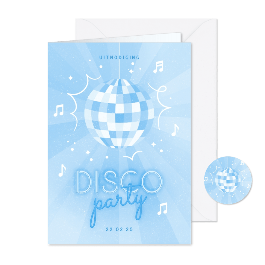 Kinderfeestje disco party met neon tekst en discobal - Kaartimpressie