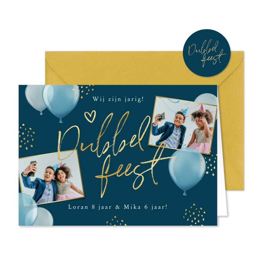 Kinderfeestje dubbel feest goud verjaardag ballonnen - Kaartimpressie