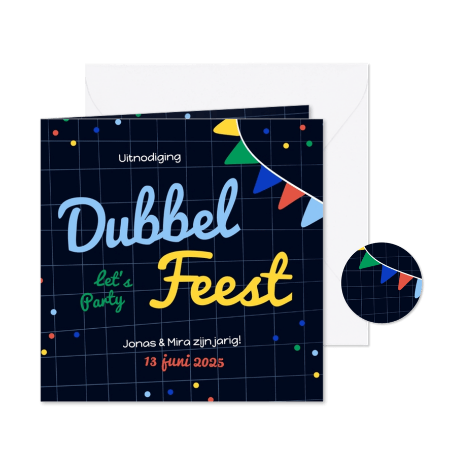 Kinderfeestje dubbel feest tweeling met slingers confetti - Kaartimpressie