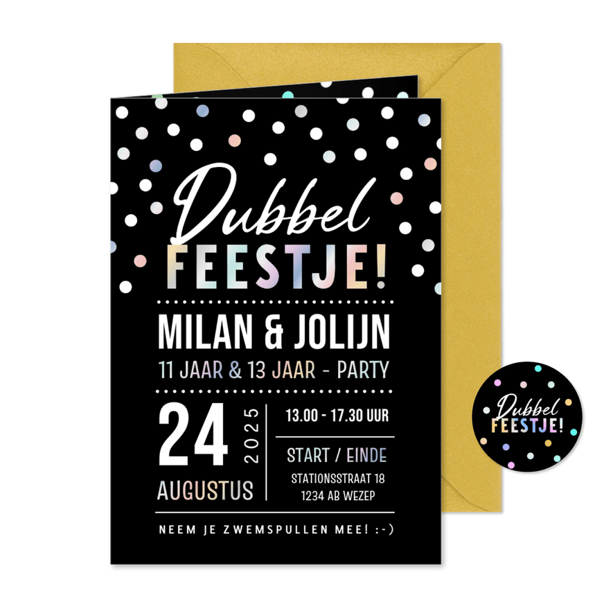 Kinderfeestje dubbel feestje met confetti en foliedruk - Kaartimpressie