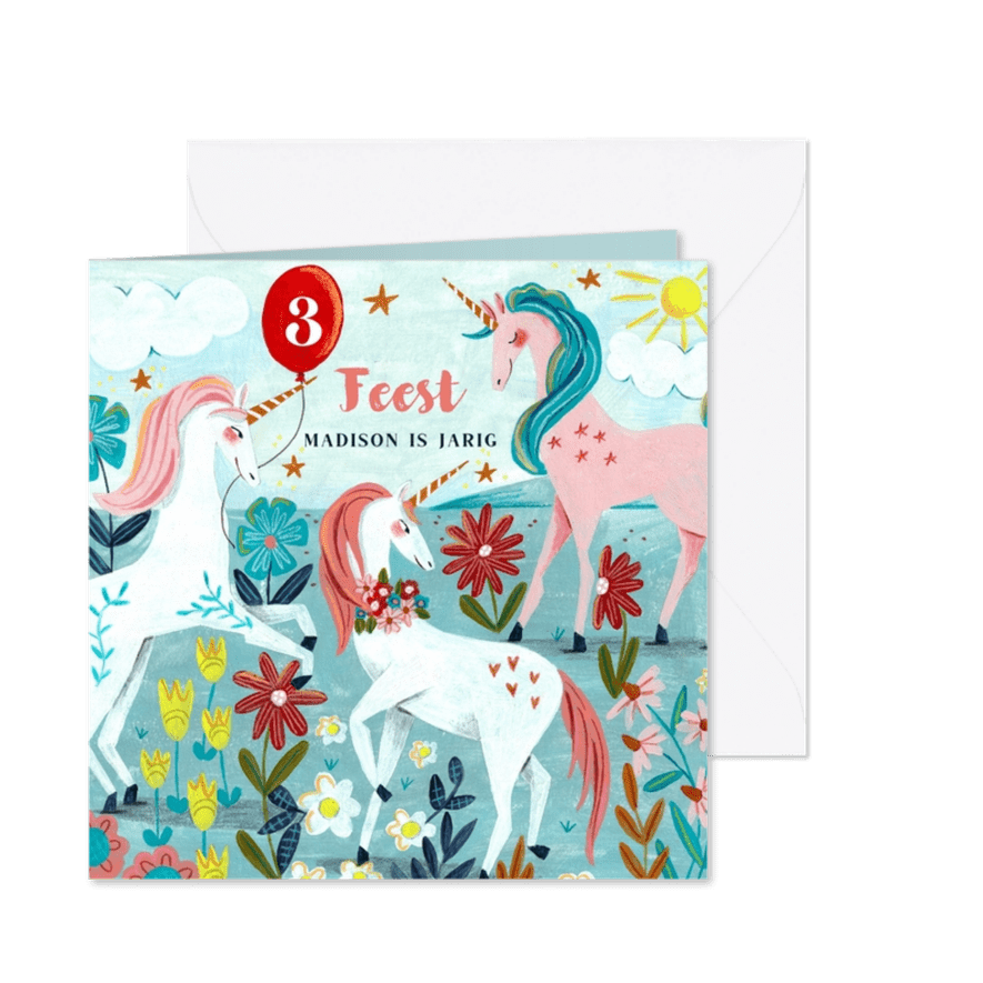 Kinderfeestje eenhoorn en bloemen - Kaartimpressie