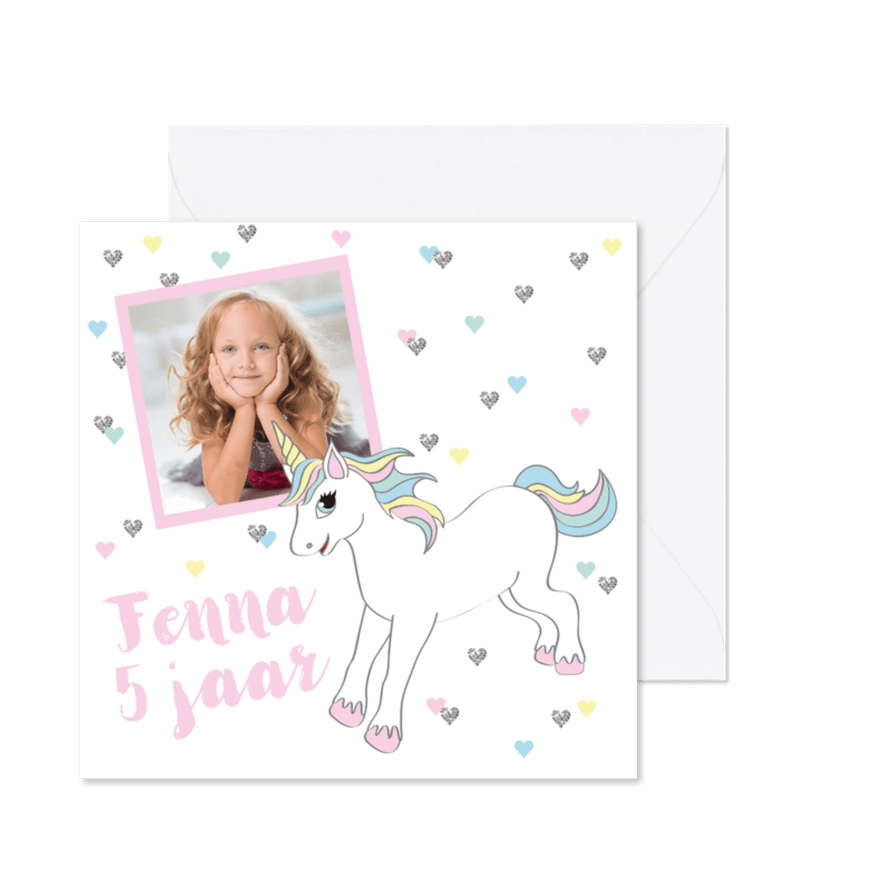 Kinderfeestje eenhoorn foto hartjes - Kaartimpressie