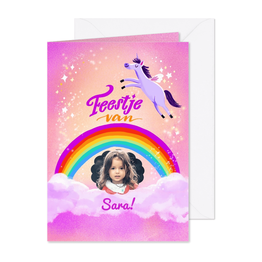Kinderfeestje eenhoorn met regenboog - Kaartimpressie