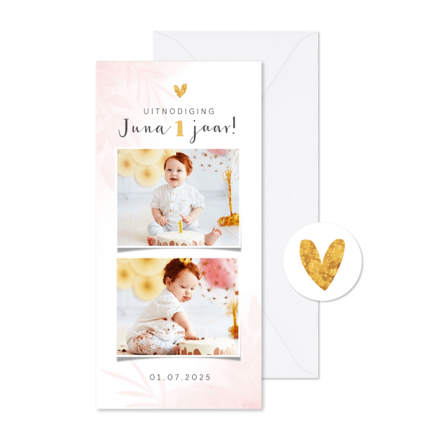 Kinderfeestje eerste verjaardag fotokaart meisje waterverf - Kaartimpressie