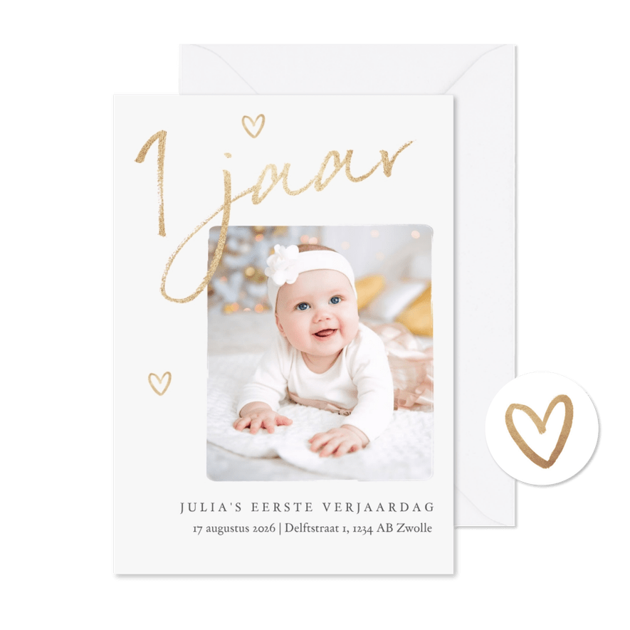 Kinderfeestje eerste verjaardag goud stijlvol hartjes foto - Kaartimpressie