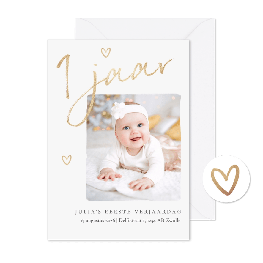 Kinderfeestje eerste verjaardag goud stijlvol hartjes foto - Kaartimpressie