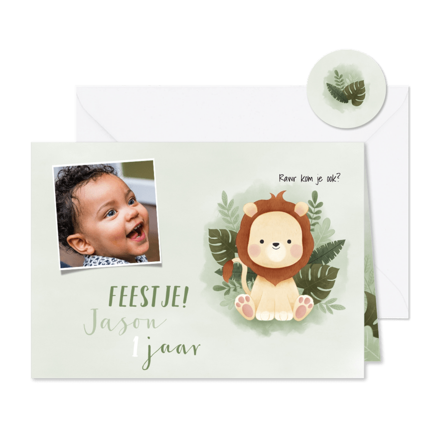 Kinderfeestje eerste verjaardag leeuwtje, jungle en foto - Kaartimpressie