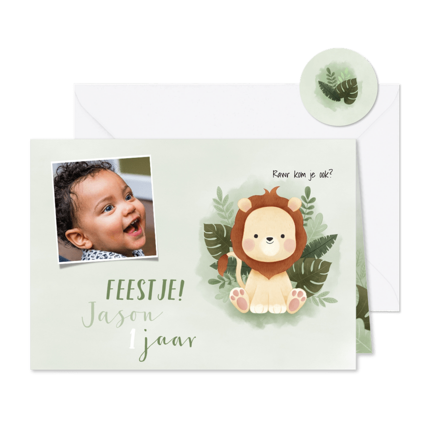 Kinderfeestje eerste verjaardag leeuwtje, jungle en foto - Kaartimpressie