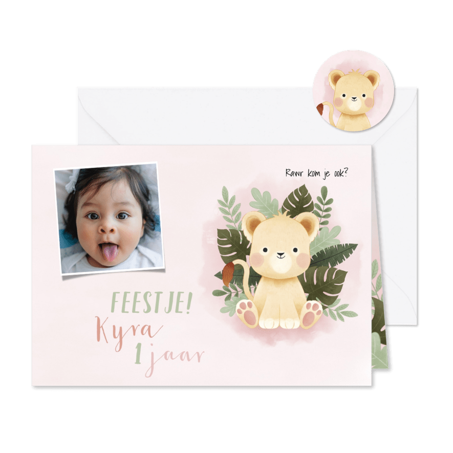 Kinderfeestje eerste verjaardag met leeuwin, jungle en foto - Kaartimpressie