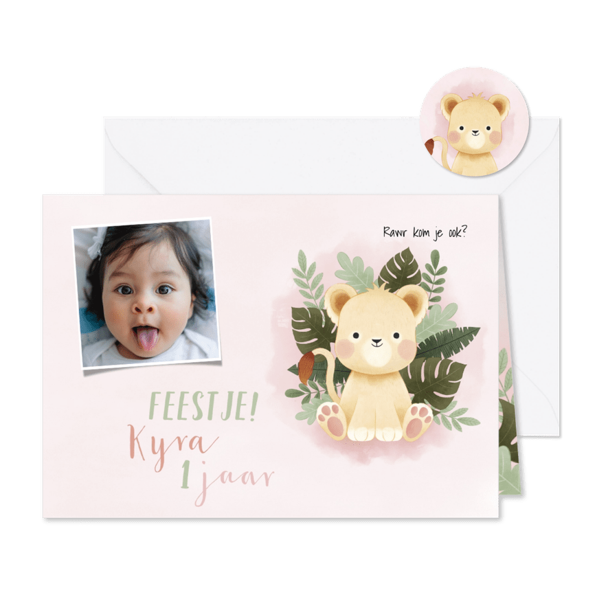 Kinderfeestje eerste verjaardag met leeuwin, jungle en foto - Kaartimpressie