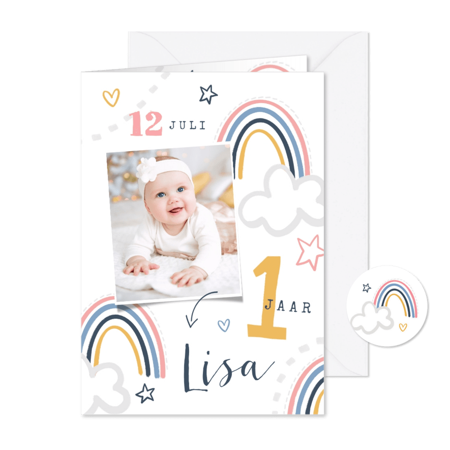 Kinderfeestje eerste verjaardag peuter regenboog wolken ster - Kaartimpressie