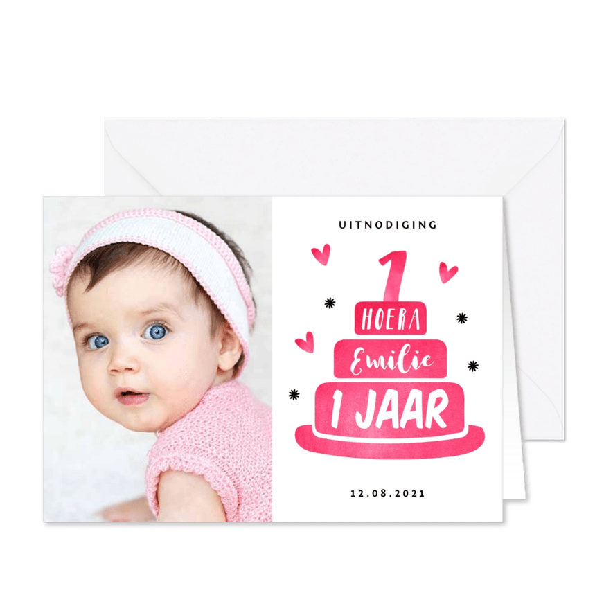 Kinderfeestje eerste verjaardag uitnodiging hip roze - Kaartimpressie