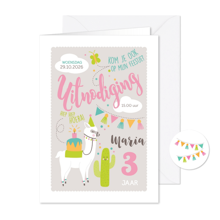 Kinderfeestje feestelijke lama met hoedje - Kaartimpressie