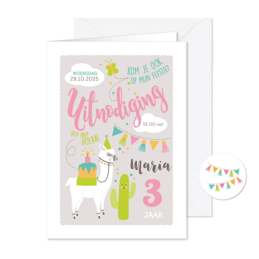 Kinderfeestje feestelijke lama met hoedje - Kaartimpressie