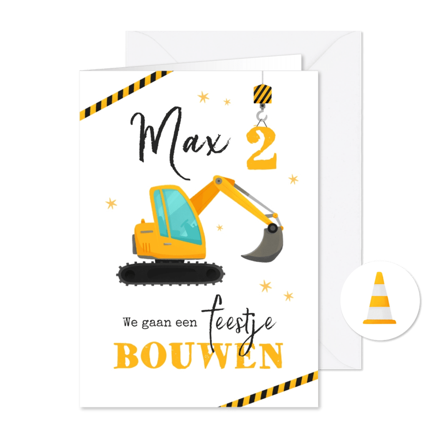 Kinderfeestje feestje bouwen graafmachine hijskraan - Kaartimpressie