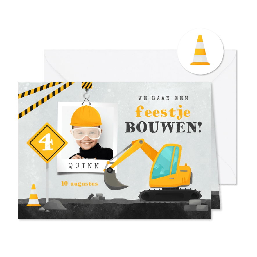 Kinderfeestje feestje stoer bouwvoertuigen foto bouw - Kaartimpressie