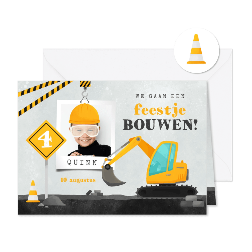 Kinderfeestje feestje stoer bouwvoertuigen foto bouw - Kaartimpressie