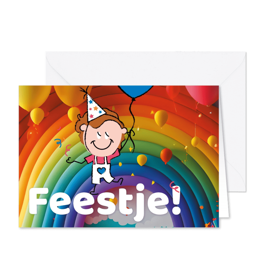 Kinderfeestje feestmuts ballon confetti regenboog - Kaartimpressie