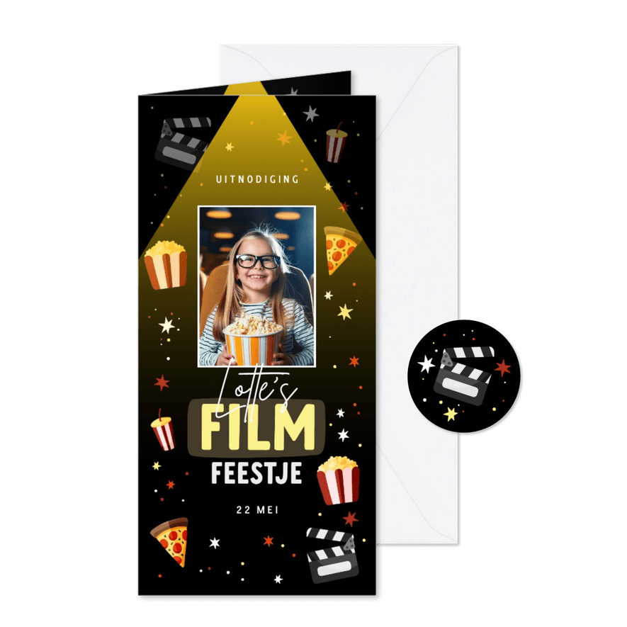 Kinderfeestje film popcorn pizza en sterren met foto - Kaartimpressie