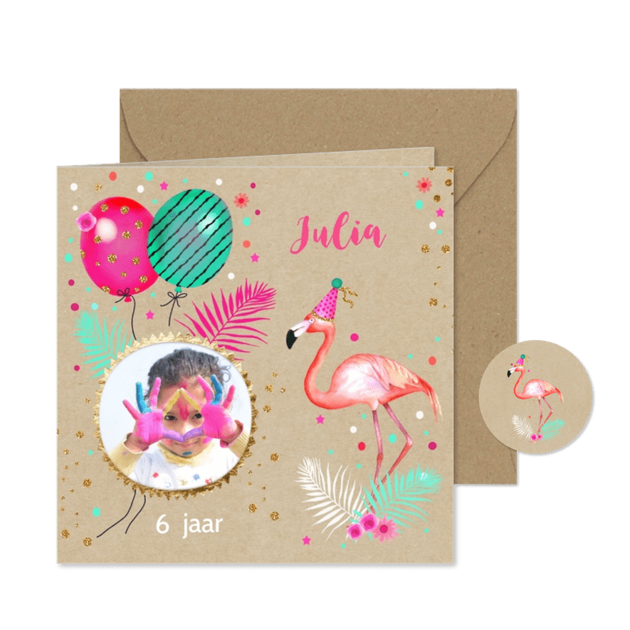 Kinderfeestje flamingo ballonnen - Kaartimpressie