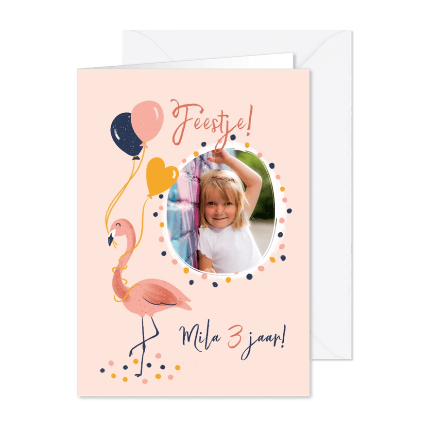 Kinderfeestje flamingo met ballonnen - Kaartimpressie