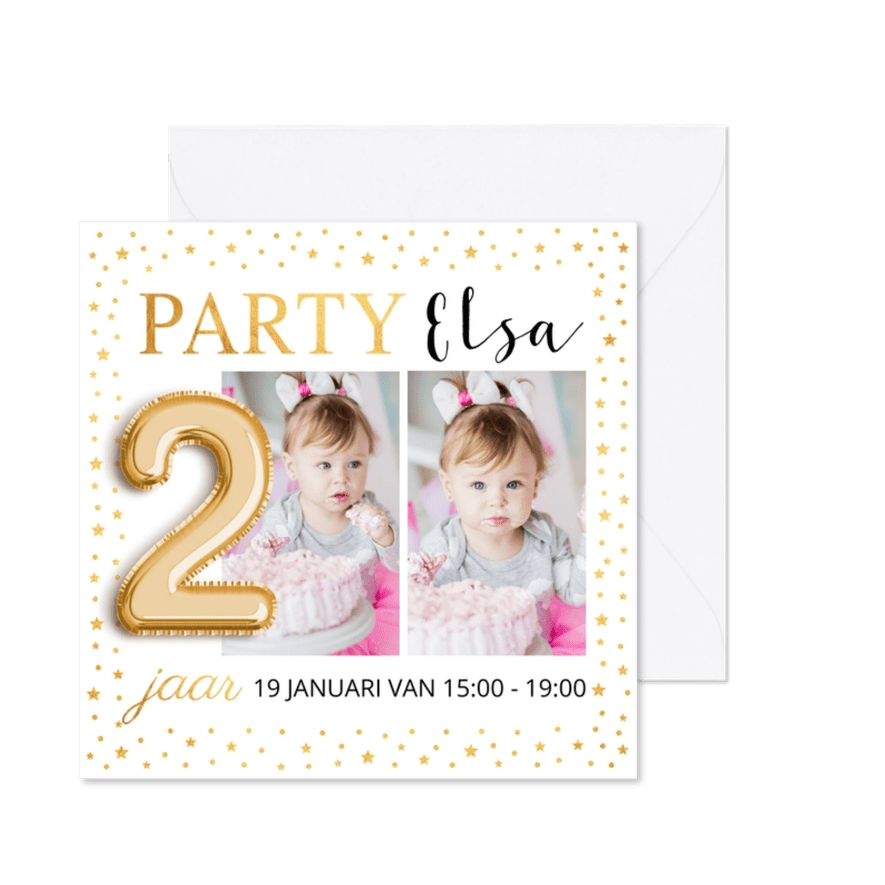 Kinderfeestje foto ballon 2 jaar goud confetti uitnodiging  - Kaartimpressie