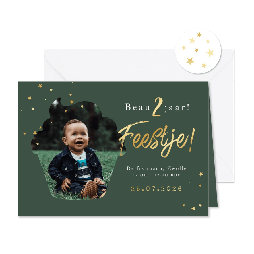 Kinderfeestje foto cupcake goud hip sterretjes - Kaartimpressie