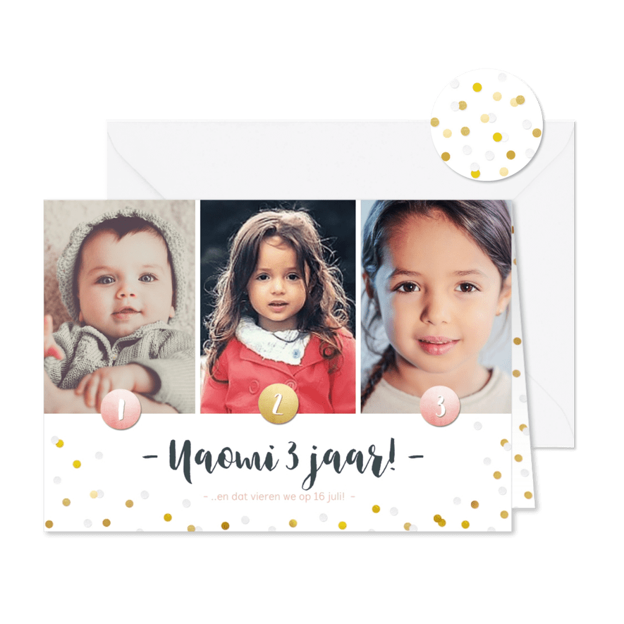 Kinderfeestje fotocollage 3 jaar met 3 foto's en confetti - Kaartimpressie