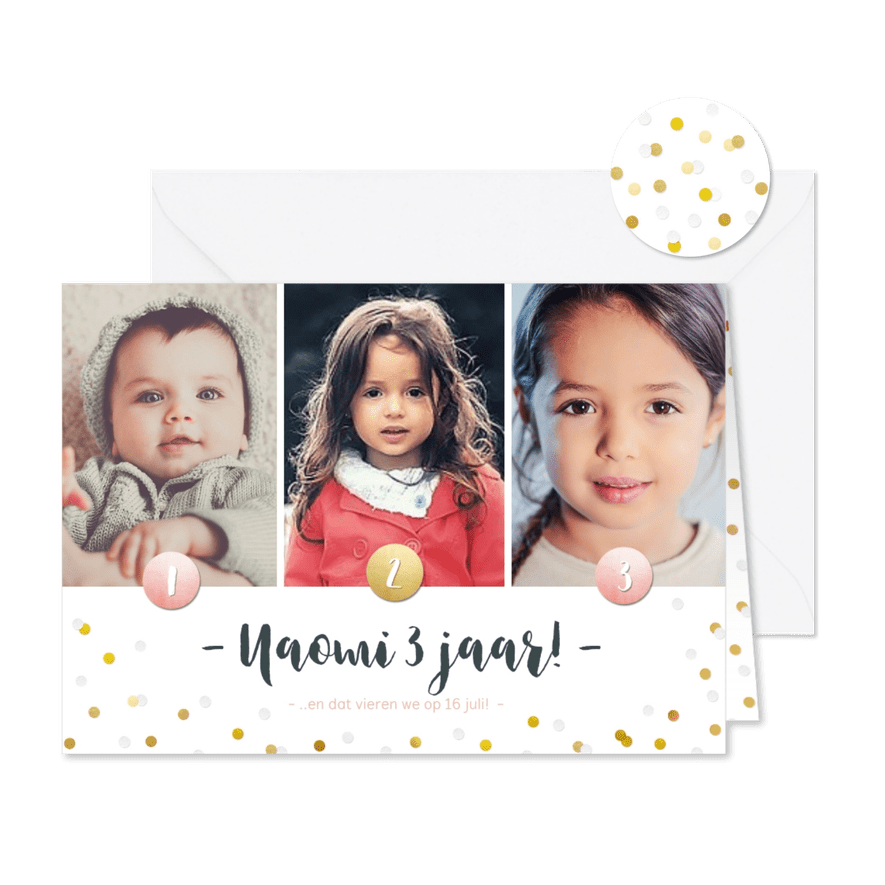 Kinderfeestje fotocollage 3 jaar met 3 foto's en confetti - Kaartimpressie