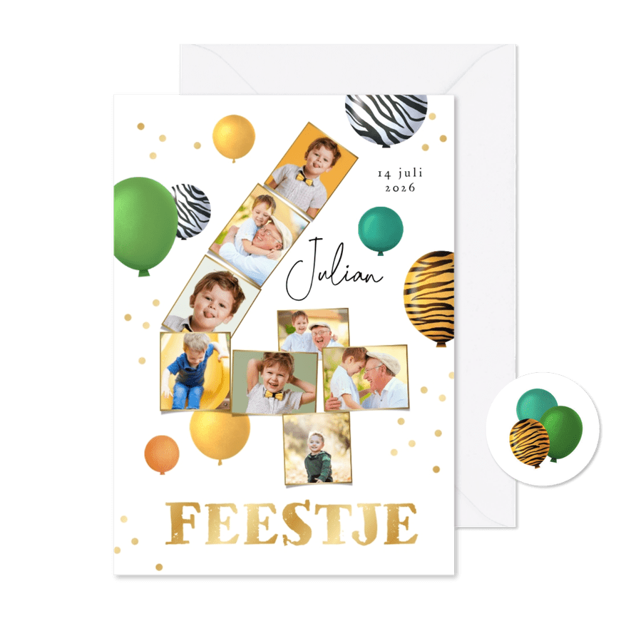 Kinderfeestje fotocollage 4 jaar confetti ballonnen jungle - Kaartimpressie