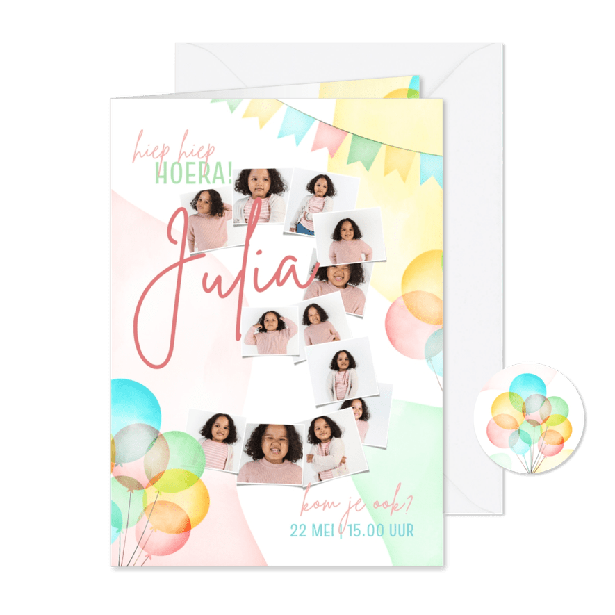 Kinderfeestje fotocollage cijfer 3 met slingers en ballonnen - Kaartimpressie