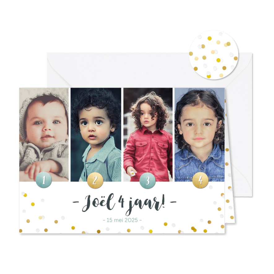 Kinderfeestje fotocollage uitnodiging 4 jaar met 4 foto's - Kaartimpressie