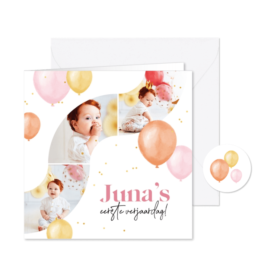 Kinderfeestje fotokaart ballonnen confetti eerste verjaardag - Kaartimpressie