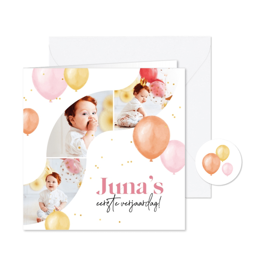 Kinderfeestje fotokaart ballonnen confetti eerste verjaardag - Kaartimpressie